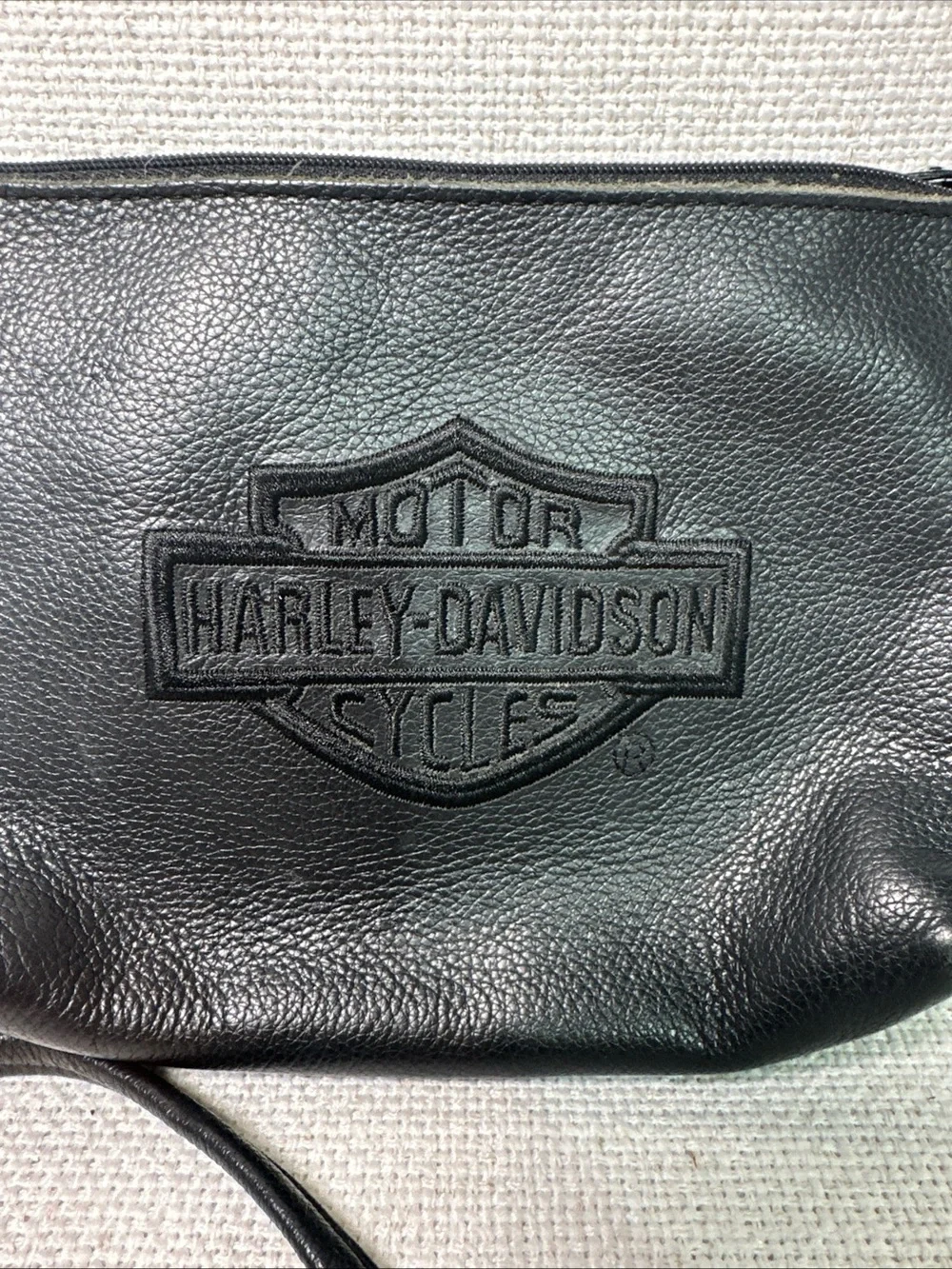 VTG Harley Davidson Black Leather Crossbody Purse Embroidered Zip Biker